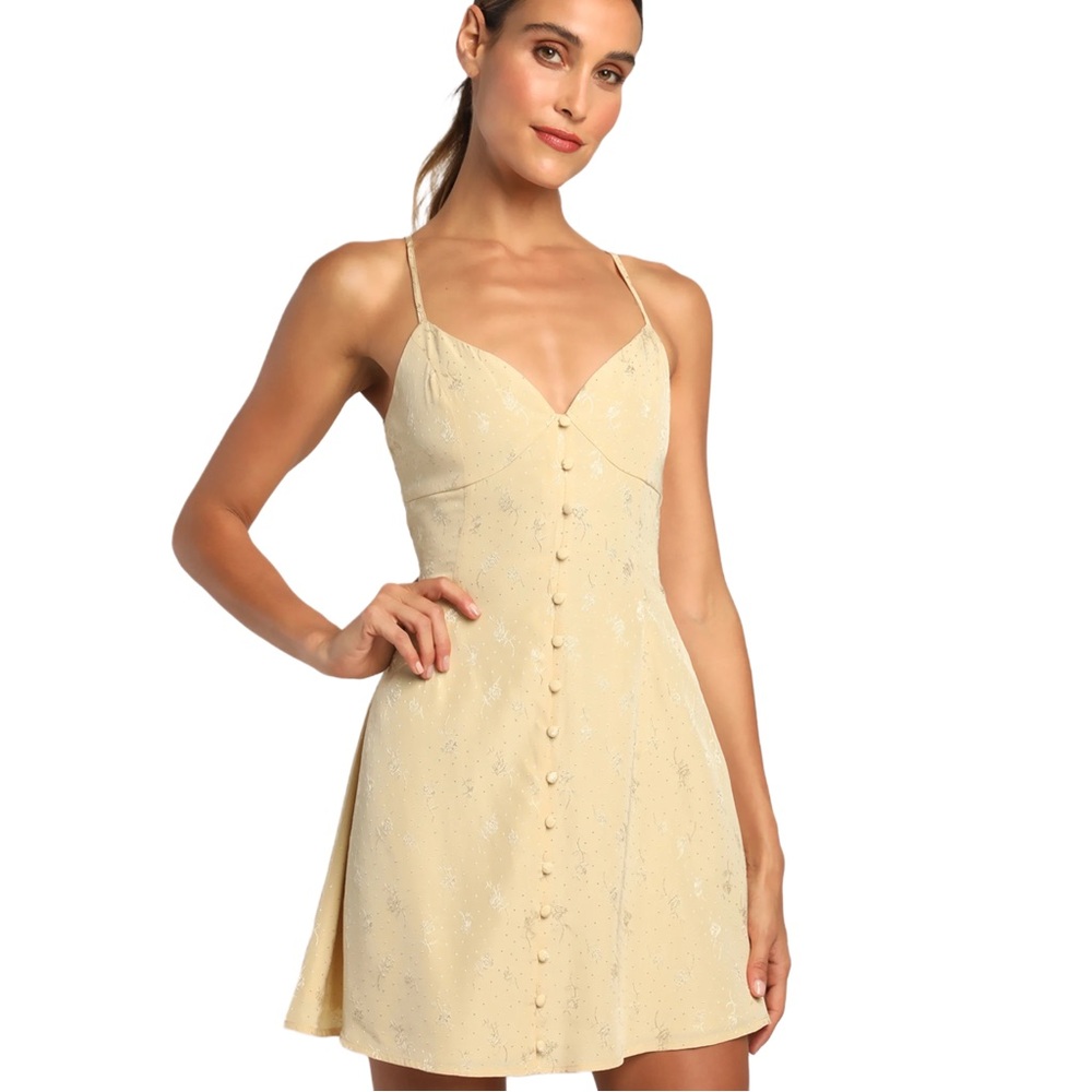 Lulu’s Light Yellow Floral Jacquard Satin Mini Dress NWT